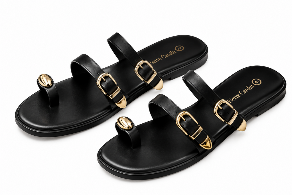 Dual Strap Gold Buckle & Toe Ring Detail Flat Sandals