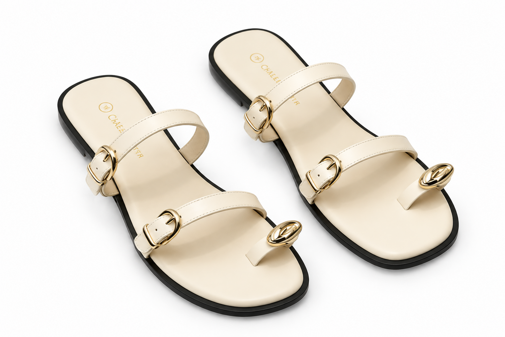 Dual Strap Gold Buckle & Toe Ring Detail Flat Sandals