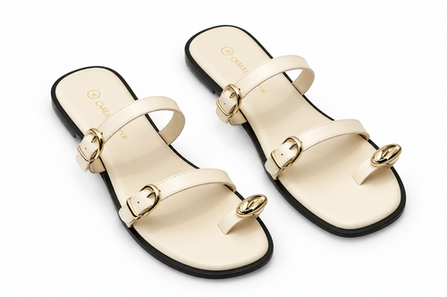 Dual Strap Gold Buckle & Toe Ring Detail Flat Sandals