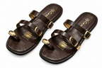 Dual Strap Gold Buckle & Toe Ring Detail Flat Sandals