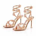 Rhinestone Flower Spiral Ankle Strap Heels Stiletto