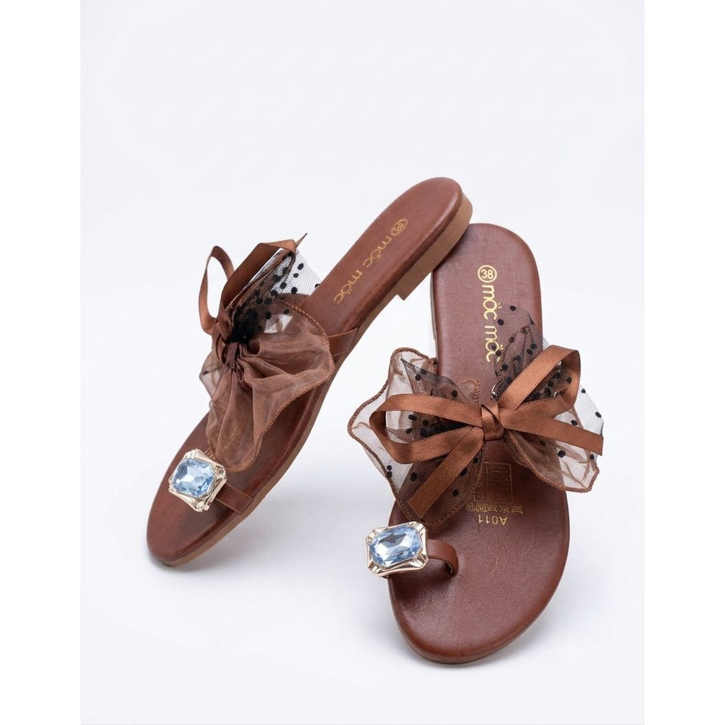 Sheer Dotted Mesh Bow Toe-Ring Sandals