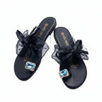 Sheer Dotted Mesh Bow Toe-Ring Sandals