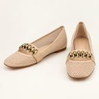 Square Toe Elastic Strap Flat Shoes – Gold Metallic Embellishment