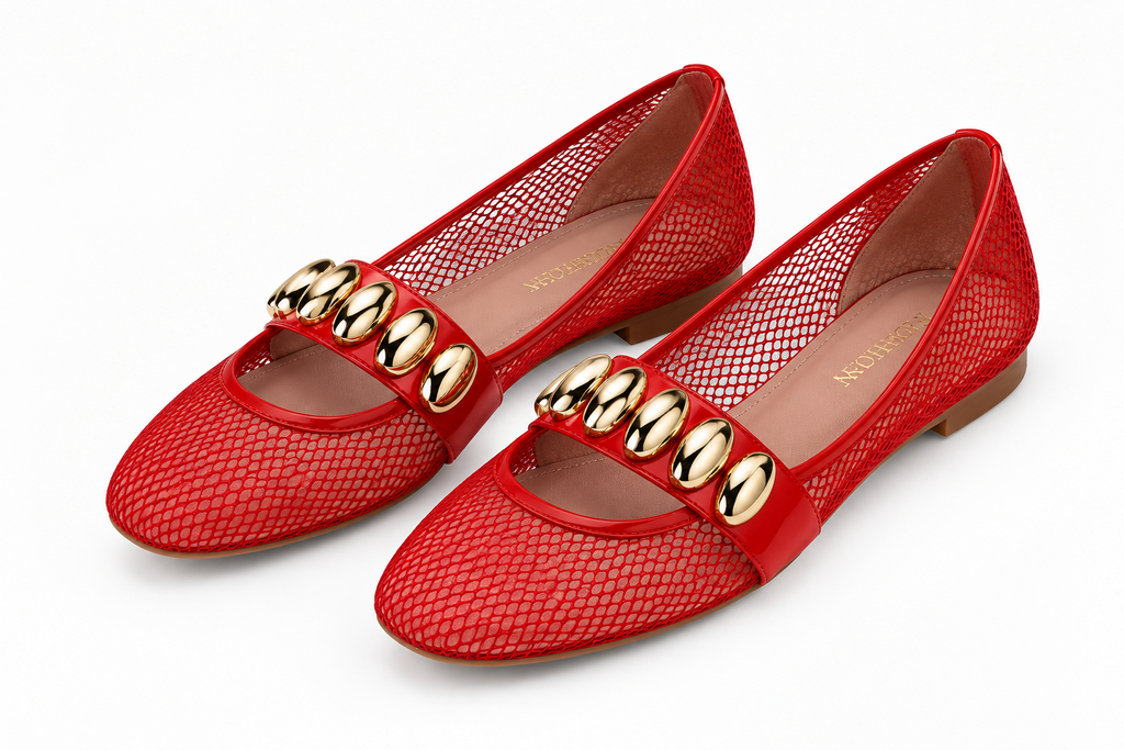 Square Toe Elastic Strap Flat Shoes – Gold Metallic Embellishment