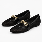Square Toe Elastic Strap Flat Shoes – Gold Metallic Embellishment