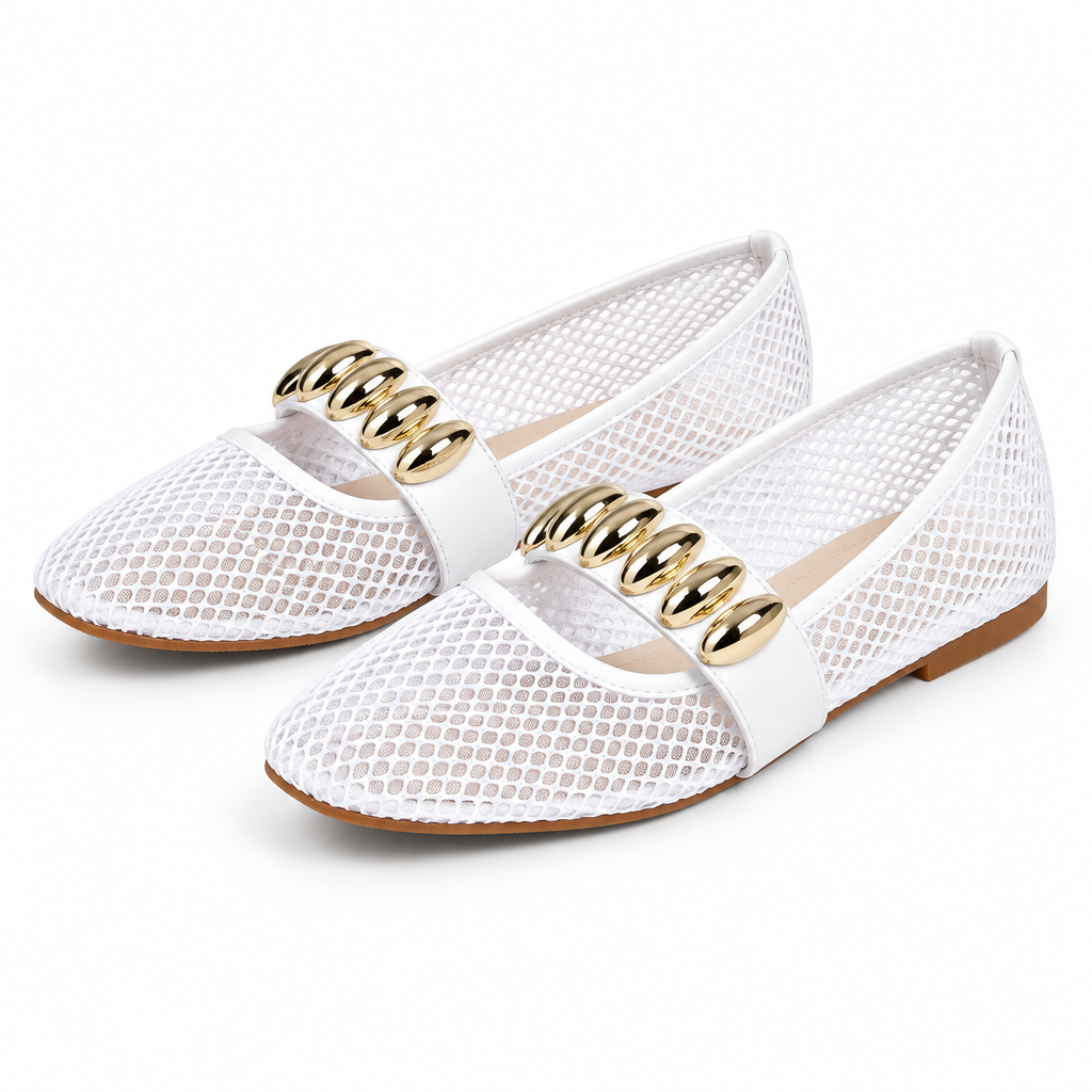 Square Toe Elastic Strap Flat Shoes – Gold Metallic Embellishment